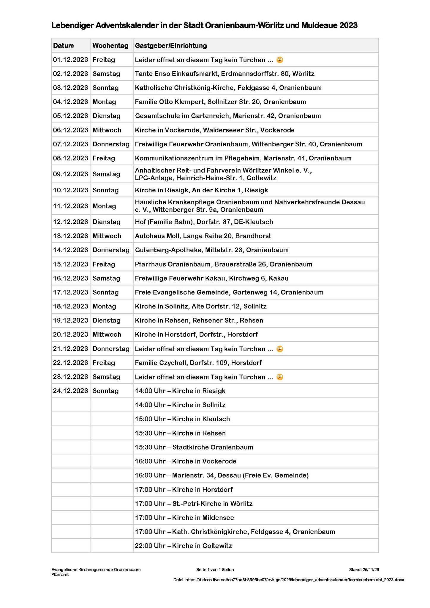 lebendiger Adventskalender 2023 Tabelle
